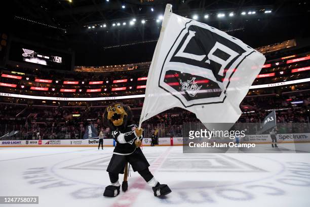Los Angeles Kings Mascot Bailey celebrates their victory with teammates against the St. Louis Blues at Crypto.com Arena on March 4, 2023 in Los...