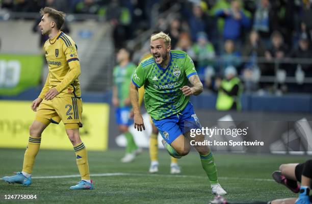 Seattle Sounders forward Jordan Morris celebrates his 1st half goal during an MLS game between Real Salt Lake and the Seattle Sounders on March 4,...