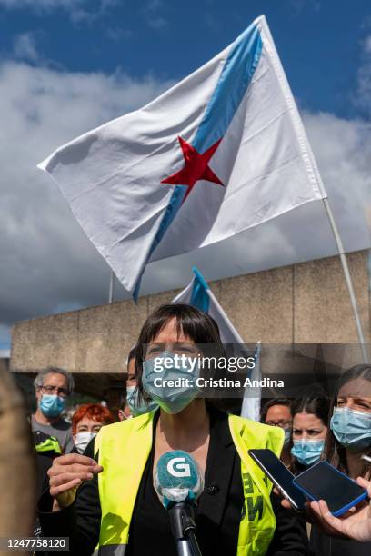 Ana Pontón, spokesperson for BNG, supporting Alcoa workers speaks to media on June 7, 2020 in Viveiro, Lugo, Spain. Alcoa workers are once again...