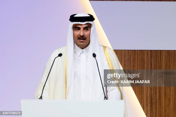 Qatar's Emir Sheikh Tamim bin Hamad al-Thani speaks during the fifth United Nations Conference on the Least Developed Countries in Doha, on March 5,...
