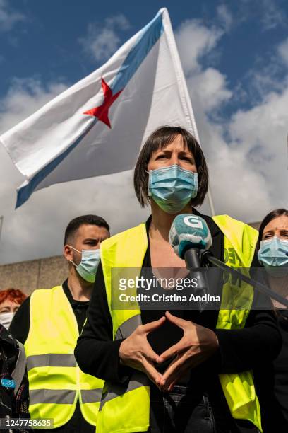 Ana Pontón, spokesperson for BNG, supporting Alcoa workers speaks to media on June 7, 2020 in Viveiro, Lugo, Spain. Alcoa workers are once again...