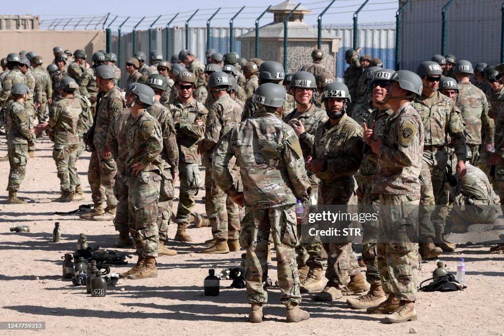 Busering US troops take part in a military training at Camp Buehring Army Base ...