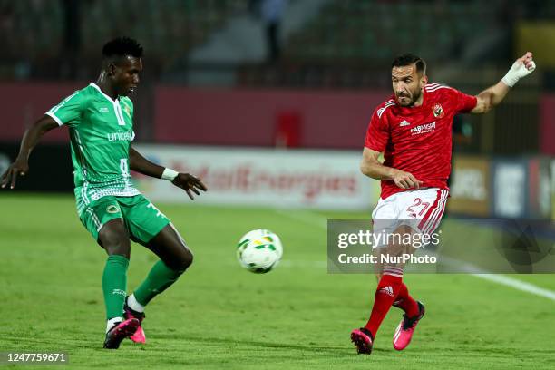 Ali Maaloul of Ahly in action with player of cotton sport during CAF Champions League group B match between al-Ahly and Cotton sport at the al-Salam...