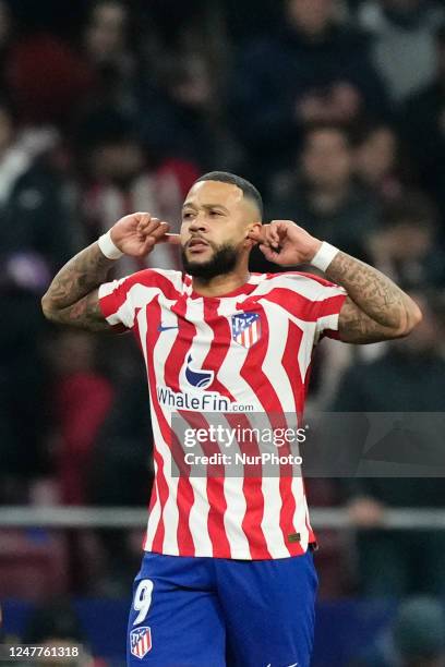 Memphis Depay centre-forward of Atletico de Madrid and Netherlands celebrates after scoring his sides second goal during the LaLiga Santander match...