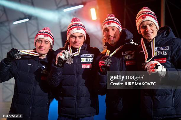 Silver medallists Norway's Kristoffer Eriksen Sundal, Norway's Marius Lindvik, Norway's Johann Andre Forfang and Norway's Halvor Egner Granerud...