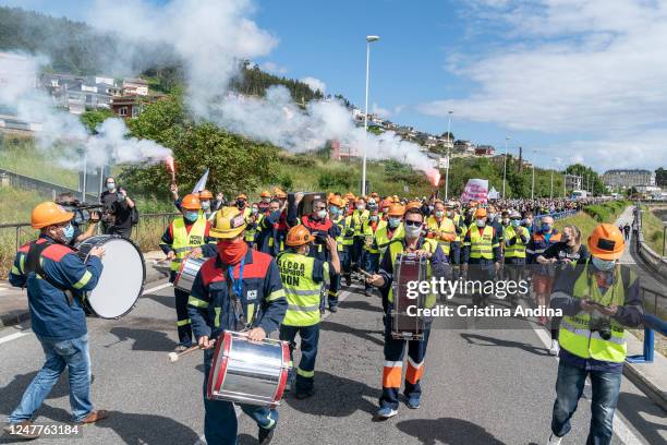 Alcoa workers demonstrate in the streets of Viveiro on June 7, 2020 in Viveiro, Lugo, Spain. Alcoa workers are once again taking to the streets to...