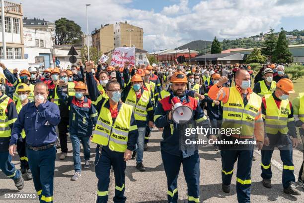 Alcoa workers demonstrate in the streets of Viveiro on June 7, 2020 in Viveiro, Lugo, Spain. Alcoa workers are once again taking to the streets to...