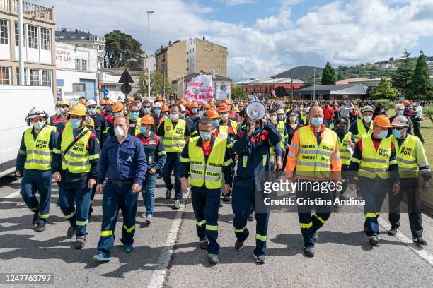 Alcoa workers demonstrate in the streets of Viveiro on June 7, 2020 in Viveiro, Lugo, Spain. Alcoa workers are once again taking to the streets to...
