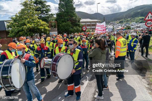Alcoa workers demonstrate in the streets of Viveiro on June 7, 2020 in Viveiro, Lugo, Spain. Alcoa workers are once again taking to the streets to...