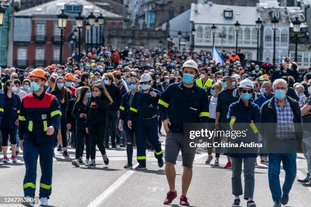 Alcoa workers demonstrate in the streets of Viveiro on June 7, 2020 in Viveiro, Lugo, Spain. Alcoa workers are once again taking to the streets to...