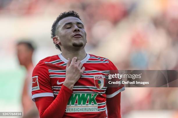 Ruben Vargas of FC Augsburg gestures during the Bundesliga match between FC Augsburg and SV Werder Bremen at WWK-Arena on March 4, 2023 in Augsburg,...