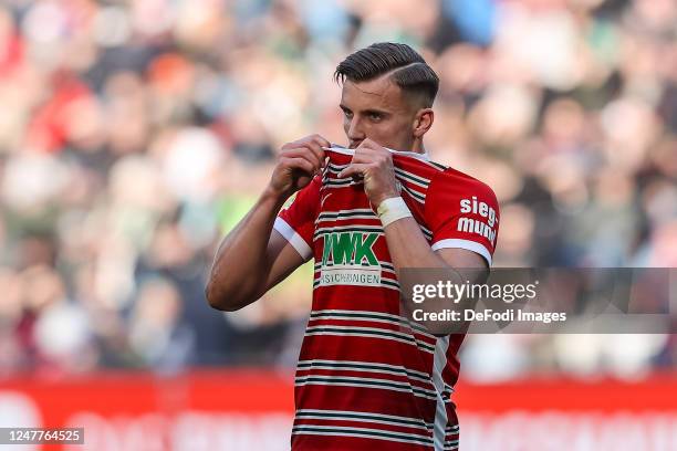 Ermedin Demirovic of FC Augsburg looks on during the Bundesliga match between FC Augsburg and SV Werder Bremen at WWK-Arena on March 4, 2023 in...