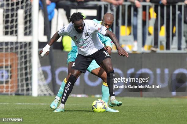 Bala Nzola of Spezia Calcio in action against Isak Hien of Hellas Verona during the Serie A match between Spezia Calcio and Hellas Verona at Stadio...