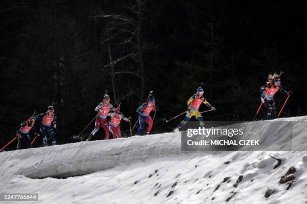 Biathletes compete during the 4x6km Mixed Relay event of the IBU Biathlon World Cup in Nove Mesto na Morave, Czech Republic, on March 5, 2023.