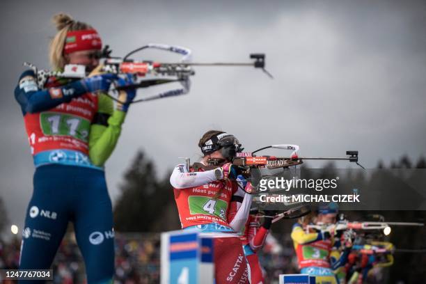 Switzerland's Lena Haecki-Gross competes during the 4x6km Mixed Relay event of the IBU Biathlon World Cup in Nove Mesto na Morave, Czech Republic, on...