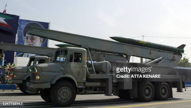 Iranian Nazeat 10 ground-to-air missile is displayed during the army day military parade, outside the mausoleum of the late founder of Islamic...