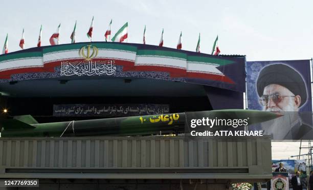 Iranian Nazeat 10 ground-to-air missile is displayed during the army day military parade, outside the mausoleum of the late founder of Islamic...