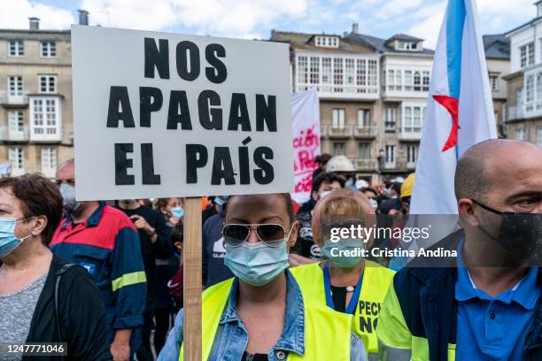 Alcoa workers demonstrate in the streets of Viveiro on June 7, 2020 in Viveiro, Lugo, Spain. Alcoa workers are once again taking to the streets to...