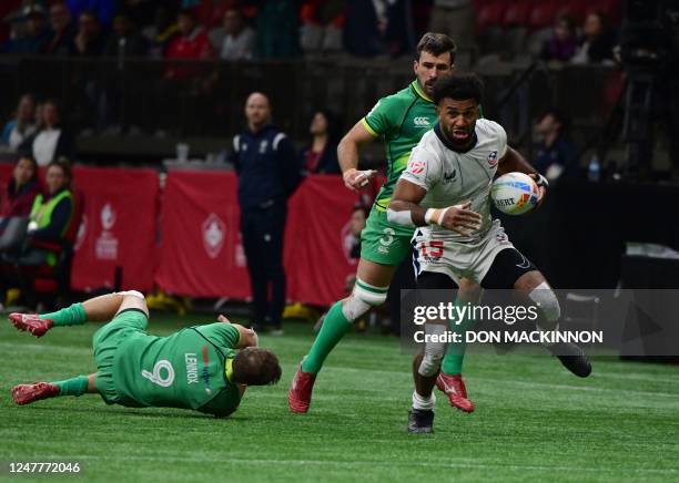 USAs Gavan DAmore controls the ball during the HSBC Rugby Sevens tournament match against Ireland at BC Place in Vancouver, Canada, on March 4, 2023.