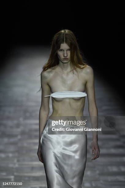 Model on the runway at Ann Demeulemeester Fall 2023 Ready To Wear Fashion Show on March 4, 2023 in Paris, France.