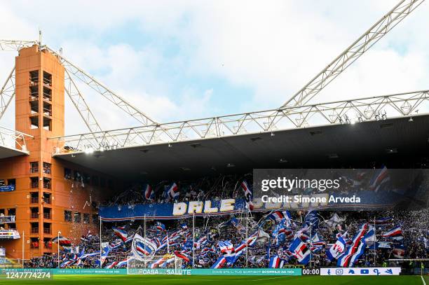 Fans of Sampdoria wave their flags prior to kick-off in the Serie A match between UC Sampdoria and Salernitana at Stadio Luigi Ferraris on March 5,...