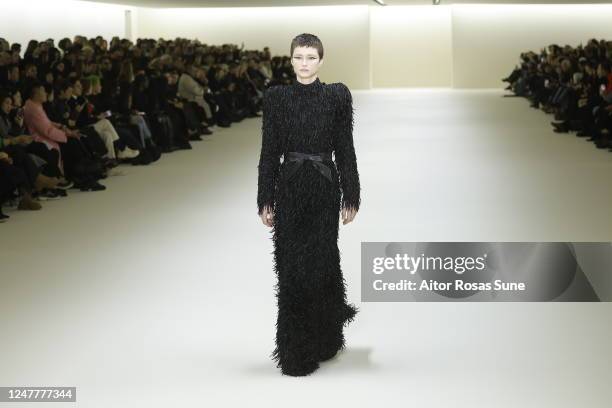 Model walks on the runway at Balenciaga Fall 2023 Ready To Wear Fashion Show on March 5, 2023 in Paris, France.