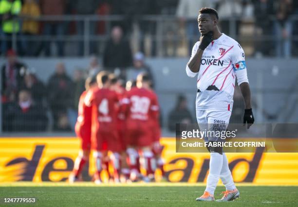 Sion's Italian forward Mario Balotelli looks on after his team received a first goal during the Swiss Super League football match FC Sion against FC...