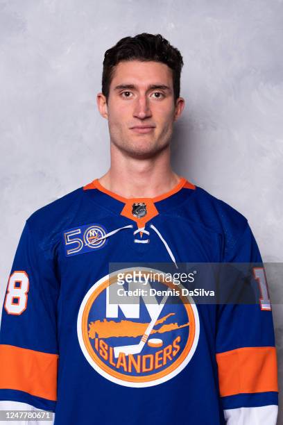 March 2: Pierre Engvall of the New York Islanders poses for his official headshot for the 2022-23 season on March 2, 2023 at the Northwell Health Ice...