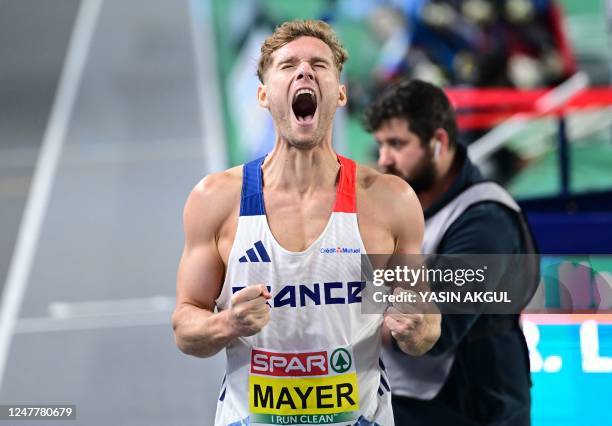 France's Kevin Mayer celebrates after victory in the men's heptathlon after the 1000 metres during The European Indoor Athletics Championships at The...