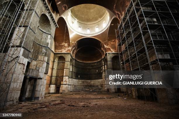 General view of one of the two domes which cover both spans of the nave, with a series of oculi which provide Benghazi's cathedral's lighting, in the...