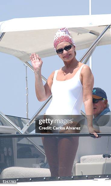 Designer Carolina Herrera attends the fith day of 21st Shaling Trophy "Copa del Rey" onboard the "Thais" August 3, 2002 in Palma de Mallorca, Spain.