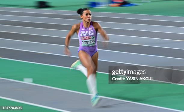 Britain's Jazmin Sawyers competes in the women's long jump final during The European Indoor Athletics Championships at The Atakoy Athletics Arena in...