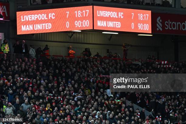The scoreboard shows the final score, 7-0 after the English Premier League football match between Liverpool and Manchester United at Anfield in...