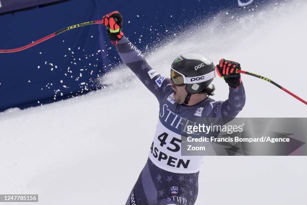 Jared Goldberg of Team United States reacts during the Audi FIS Alpine Ski World Cup Men's Super G on March 5, 2023 in Aspen, USA.