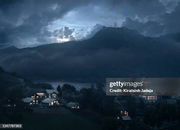a picturesque postcard view of spiez - moonlight stock pictures, royalty-free photos & images