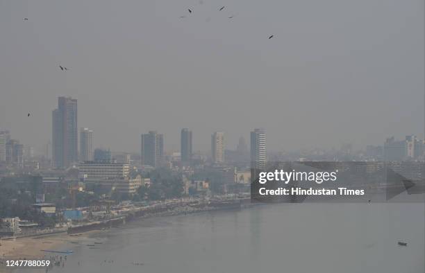 City skyline engulfed in smog amid hazy weather, at Marine Drive, on March 4, 2023 in Mumbai, India.