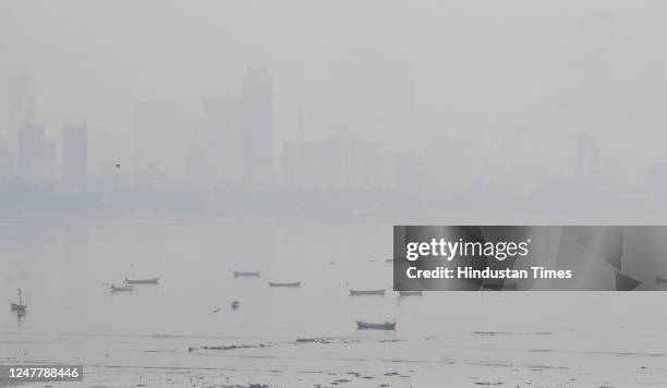 View of the city skyline engulfed in smog amid hazy weather, on March 4, 2023 in Mumbai, India.