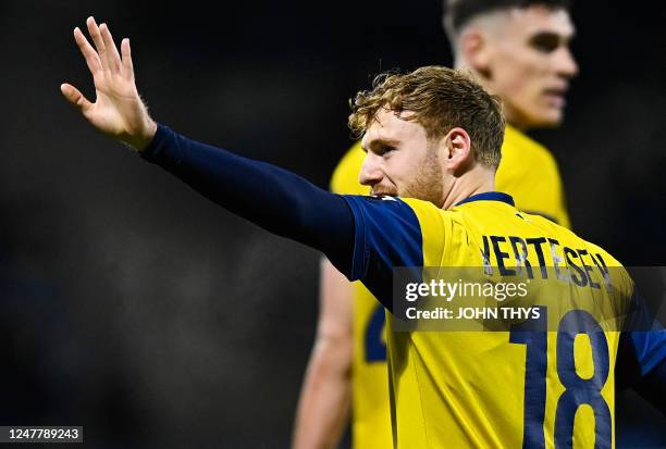 Union's Belgian forward Yorbe Vertessen celebrates after scoring a goal during the Belgian "Pro League" First Division football match between Royale...