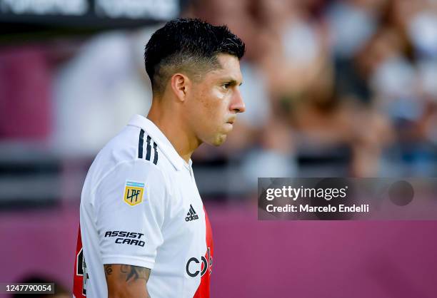 Enzo Perez of River Plate looks on during a match between Lanus and River Plate as part of Liga Profesional 2023 at Estadio Ciudad de Lanus on March...