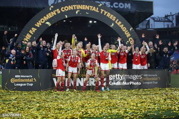 Arsenal Women celebrate the win during the FA Women's League Cup Final between Arsenal and Chelsea at Selhurst Park, London on Sunday 5th March 2023.