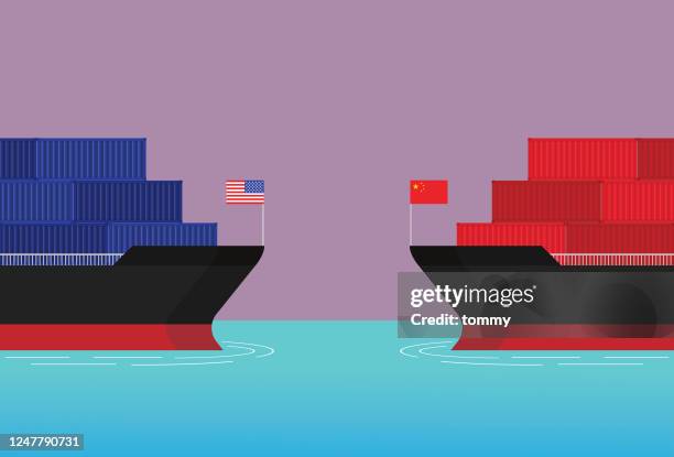 stockillustraties, clipart, cartoons en iconen met een vrachtschip uit amerika confronteert een vrachtschip uit china - handelsoorlog