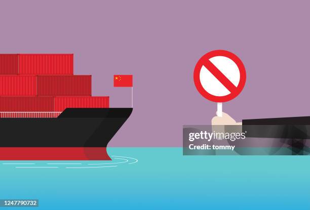 bildbanksillustrationer, clip art samt tecknat material och ikoner med affärsman visar förbud tecken på ett lastfartyg från kina - handelsavtal