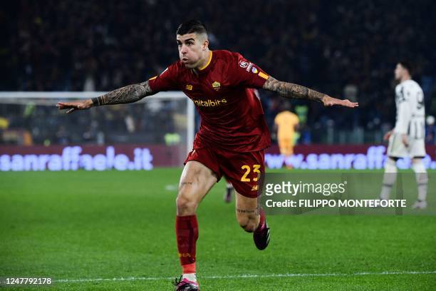 Roma's Italian defender Gianluca Mancini celebrates after opening the scoring during the Italian Serie A football match between AS Roma and Juventus...