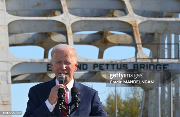 President Joe Biden delivers remarks to mark the 58th anniversary of Bloody Sunday, at the Edmund Pettus Bridge in Selma, Alabama, on March 5, 2023....