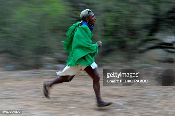 Raramuri competes in the ultramarathon "Caballo Blanco" in the Tarahumara mountains in Urique, Chihuahua State, Mexico, on March 5, 2023. - Hundreds...