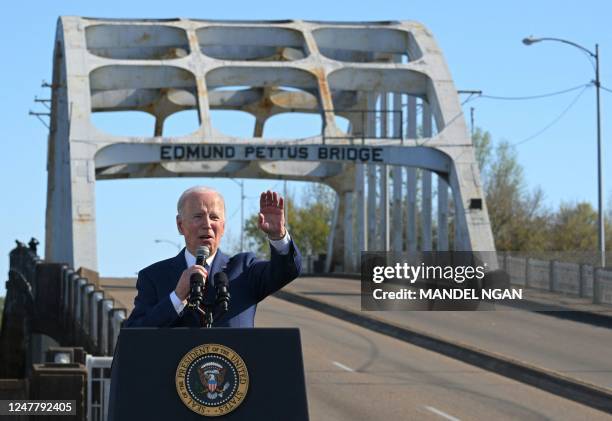 President Joe Biden delivers remarks to mark the 58th anniversary of Bloody Sunday, at the Edmund Pettus Bridge in Selma, Alabama, on March 5, 2023....