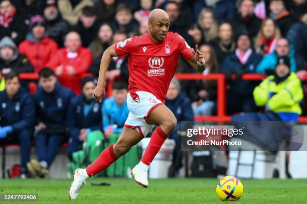 Andr Ayew of Nottingham Forest runs with the ball during the Premier League match between Nottingham Forest and Everton at the City Ground,...