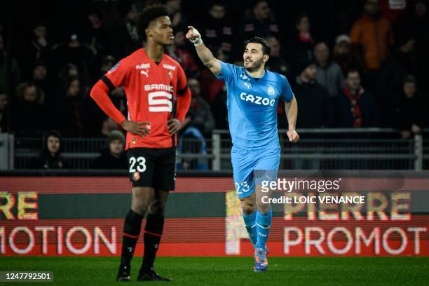 Marseille's Bosnian defender Sead Kolasinac celebrates after scoring a goal during the French L1 football match between Stade Rennais and Olympique...