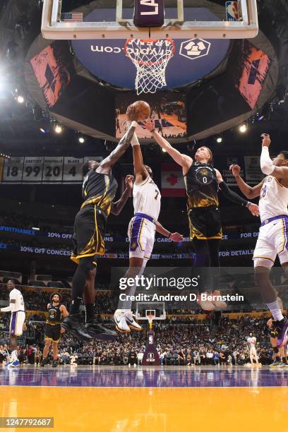 Players go up for the rebound during the game on March 5, 2023 at Crypto.Com Arena in Los Angeles, California. NOTE TO USER: User expressly...