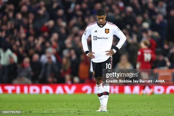 Dejected Marcus Rashford of Manchester United during the Premier League match between Liverpool FC and Manchester United at Anfield on March 5, 2023...